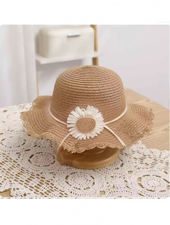 Kid's Woven Sun Hat W/ Flowers